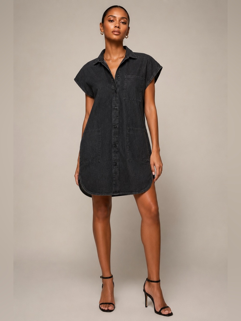 SBJ Austin Black Denim Shirt Dress Oversized Sleeveless Button Front Lagenlook